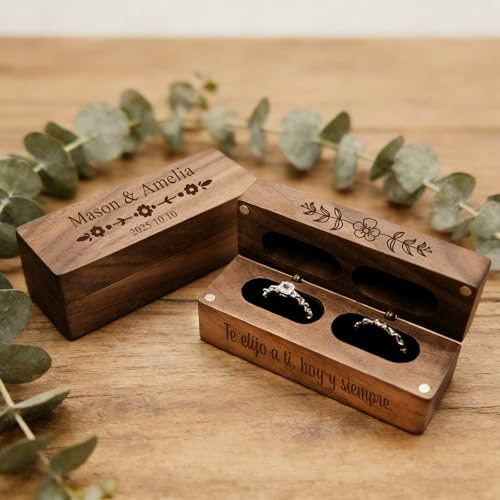 WBW Caja para anillos personalizada con nombre y fecha, estuche de madera personalizado para anillos, para el día de la boda, la ceremonia de compromiso o como regalo (Ranura doble 2)