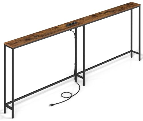 VASAGLE Mesa de Consola con Regleta, 15 x 200 x 80 cm | Mesa Auxiliar, Montaje Fácil, para Entrada, Salón, Marrón Rústico y Negro Mate, Colección BARNET LNT077K102