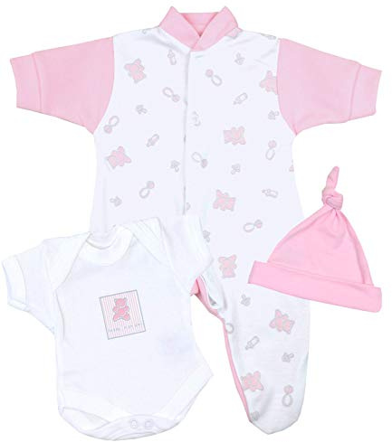 Kläder för tidigt födda flickor i 3 delar – sovdräkt, bodysuit och hatt 1 pund – 1,6 kg rosa teddy 32 – 38 cm