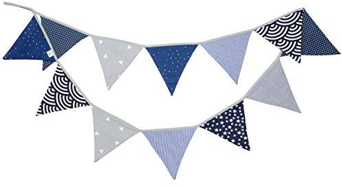 PREMYO Wimpelkette Kinderzimmer Jungen Stoff - 12 Wimpel Girlande Bunt Beidseitig - Babyzimmer Deko Blau Grau