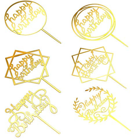 Happy Birthday Cake Topper Accessoires de Décoration,6 Style Topper de Gâteau Acrylique,Topper de Gâteau Glitter, Cupcake Topper Décorations de Gâteau Danniversaire pour Enfants et Adultes(Or)