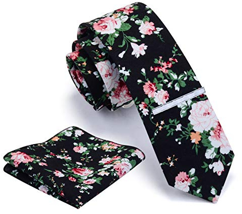 Gusleson Mens Skinny Black Ties for Men Floral Cotton Tie Clip Slim Necktie and Pocket Square Sets (UK0941-06)