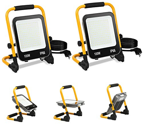 Tubiaz Foco de Trabajo LED, 2 piezas 100W Foco LED Portátil 10000LM 6000K Luz Blanca, con Soporte plegable, Luz de Trabajo Cable 3M con Enchufe, Impermeable IP66 Uso en Interiores y Exterior