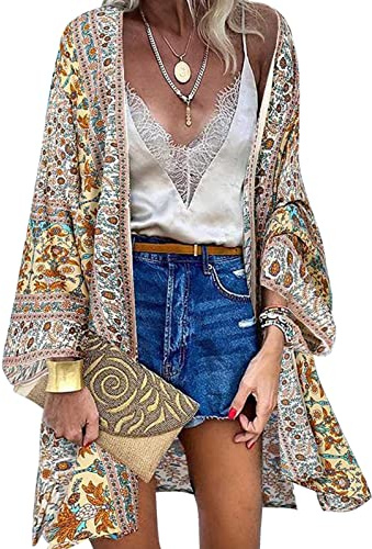 Kimono strandöverdrag för dam, lång, retro, blommig solskyddskofta med tryck, långa ärmar, eleganta badkläder, sommar strandkläder., XXL