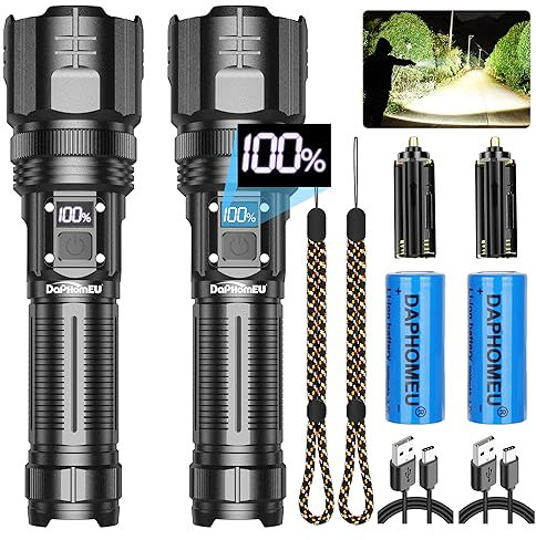 daphomeu Taschenlampe LED Aufladbar, 500000 Lumen Extrem Hell Taschenlampe Batteriebetrieben, Taktische Taschenlampe Zoombare Wasserdicht, mit 5 Lichtmodi für Camping Wandern Notfälle
