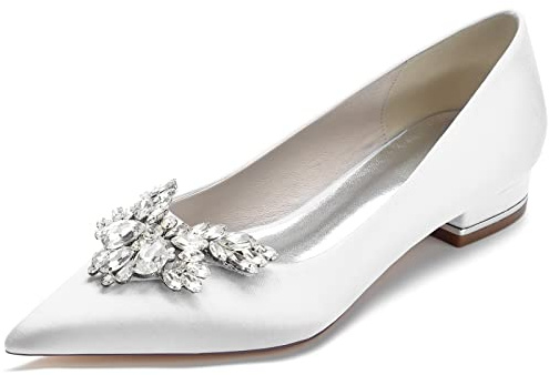 Ballerine con Tacco Basso da Donna in Raso a Punta Senza Lacci su Ballerine Ballerine Scarpe da Sposa Scarpe da Cerimonia da Sposa Scarpe da Ballo da Sera Scarpe da Sera,Bianca,40 EU