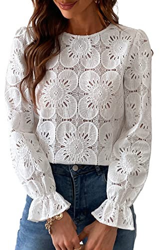 CUPSHE Damen Bluse Blumen Cutout Rundhalsausschnitt Langarm Rüschen Oberteile Casual Shirt Elegant Hemd Tops Weiß L