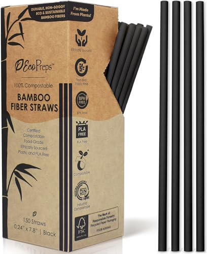 EcoPreps Black Biodegradable Bamboo Fiber Straws - 150 Count, 100% Compostable, Plastic-Free, Eco-Friendly Drinking Straw - 7.8'' Plant Fiber Disposable Straws, Compostable Black Straw For Cocktails