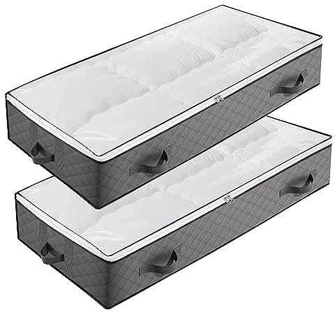 HUSAIHU 90L Underbed Storage Bags, 2 Pack Large Under Bed Box with lid, Foldable Clothes Bag 4 Reinforced Handle, PVC Window for Quilts, Blankets, Clothes, Bedding, Clear