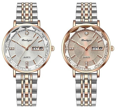 JewelryWe Uhren Damen Edelstahl Kalender - 2pcs Elegant Rosegold/Silber Zifferblatt Analog Quarz Armbanduhr Frauen Woche Datum Kalender 30m wasserdichte Uhr mit Edelstahl Armband und Leuchtzeiger