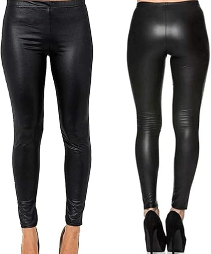 P&R DANCEWEAR LTD Womens Leggings - Stretchy Full Length Wet PVC Look Leggings - Comfortable Super Soft Stretchy Pants - Low Waisted Sexy (M-L Black)