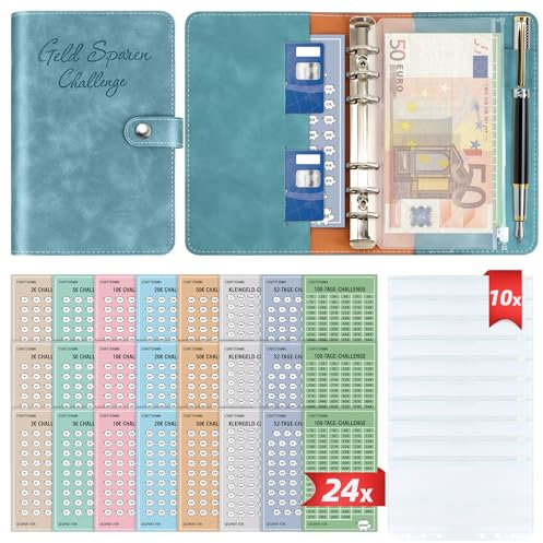 Geld Sparen Challenge Buch mit 8 Sparchallenges (24er Set) - Budget Planner Deutsch Challenges - Spar Challenge für Budgetplaner - Finanzplaner Haushaltsbuch - Cash Stuffing - Budget Binder A6 Leder