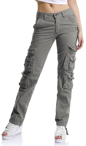 Aeslech Women's Cotton Casual Cargo Work Trousers High Waisted Travel Hiking Y2K Pants with Multi Pockets Grey Tag 30 - UK 10