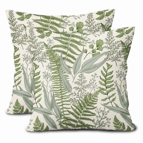 Green Leaf Plant Pillow Covers 16X16 Inch Herbs Botanical Fern Vintage Leaves Floral Decorative Pillow Cases Set of 2 Cotton Linen Throw Pillows Farmhouse Home Decor For Sofa Couch Cushion Outdoor