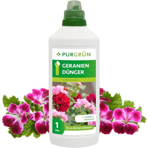 Purgrün® Geraniendünger 1 Liter – Organisch-mineralische Rezeptur – Premium-Flüssigdünger mit Spurennährstoffen – NPK 5+7+8 – Mit Guano für prächtige Blüten – Konzentrat für 200 Liter Gießwasser
