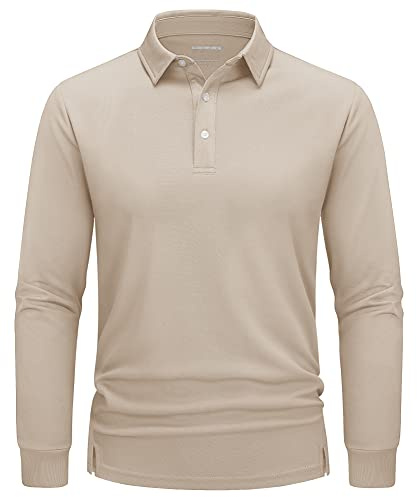TACVASEN Polo homme manches longues golf à séchage rapide chemises fonctionnelles léger t-shirts avec patte de boutonnage à 3 boutons, kaki, S