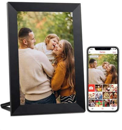 FRAMEO digitaler Bilderrahmen WLAN mit 32GB Speicher, 10.1 Zoll 1280 * 800 IPS Touchscreen, Teilen Sie Fotos und Videos über die kostenlose Frameo App, Geschenk für Familie(Schwarz)