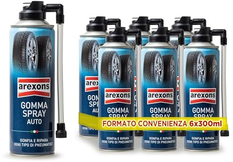 AREXONS Gomma Spray Auto, Gonfia e Ripara Ogni Tipo di Pneumatico, Bomboletta per Riparazione Forature, 6 x 300 ml