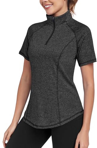 DUVOWE Women's Quarter Zip Gym Tops - Short Sleeve Lightweight Quick Dry Workout T-Shirts for Running, Yoga, Moisture Wicking Loose Fit Sports Shirts Summer Black