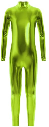 Sinleey Kids Boys Girls Shiny Metallic Long Sleeve Ballet Dance Unitard One Piece Jumpsuit Full Length Leotard Green 2-4 Years