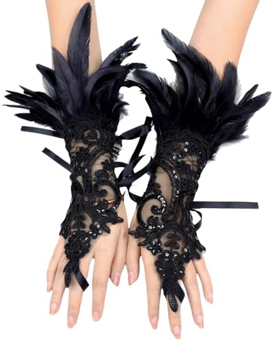 Laroal 1 Pair Women'S Black Feather Lace Long Gloves Sleeve Accessories For Cosplay Party Dance Evening Banquet Wedding Prom
