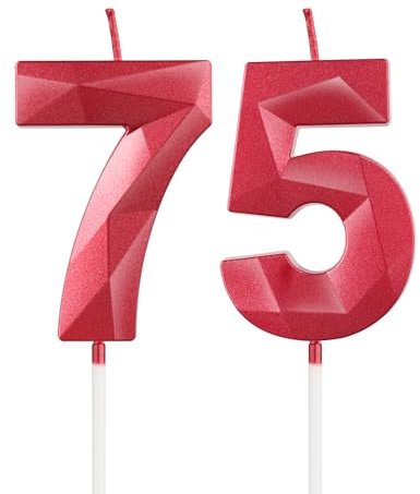 mciskin Red 75th Birthday Candles,75th Birthday Decorations for Women Men,3D Number 75 Candle for Cake,Red Candle Cake Toppers for Birthday Party Decorations Wedding Supplies