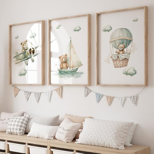3 Laminas Oso 30X40CM Cuadros Infantiles Para Habitacion Niño Aerostático Verde Poster Bebe Lienzo Animales Infantiles Laminas Habitacion Bebe Animales Cuadros de Oso Poster Niños sin Marco