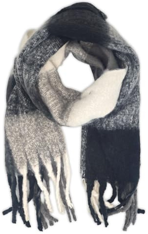 styleBREAKER Sciarpa da donna in tessuto con motivo a quadri | Sciarpa lunga con frange spesse e lunghe | Morbida sciarpa invernale a maglia, materiale caldo, stola, colore:Nero-Grigio-Bianco