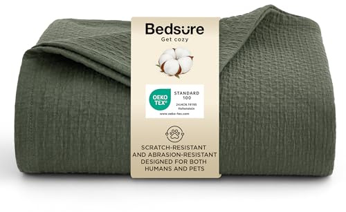 Bedsure 100% Cotton Throw Blanket - Pet Sofa Bed, 150x200cm, Olive Green | Anti Scratch Double-Layer, Breathable Lightweight Pet-Friendly Easy Care, Quilted Bedspread Coverlet Protector Home Decor