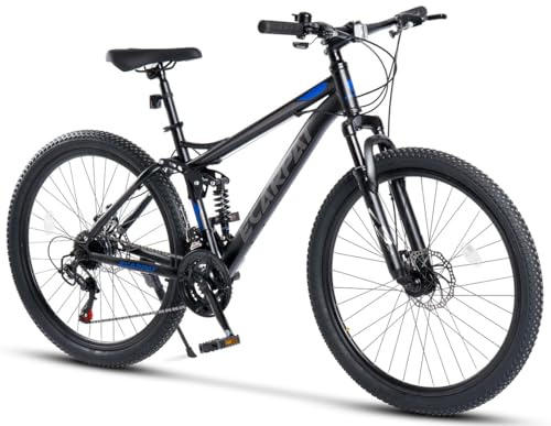 Generisk 24 tums fully-mountainbike för ungdomar 21-växlad krets dubbla skivbromsar MTB fjäderram 130–150 cm | svart-blå | 85 % förmonterad dubbla fälgar