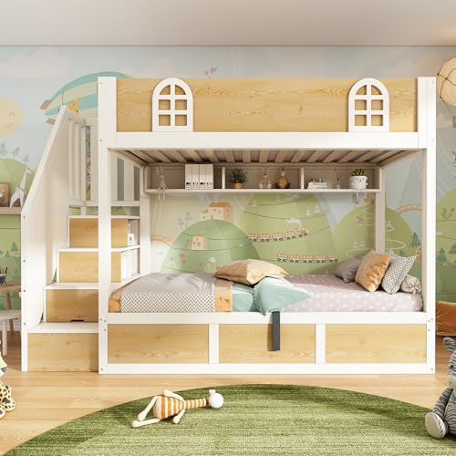 BTM Bunk Beds for Kids, Bunk Bed with Storage Cube and Staircases, Children's Bed with Storage, High Sleeper for Family, 3ft-90x190cm, White & Natural(No Mattress)