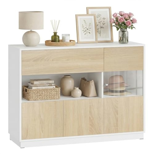 WOLTU Sideboard mit Schublade, Kommode mit Türen & Stauraum, Aufbewahrungsschrank aus Holzwerkstoff, für Wohnzimmer Schlafzimmer Flur, 100 x 80 x 40 cm, Helle Eiche + Weiß