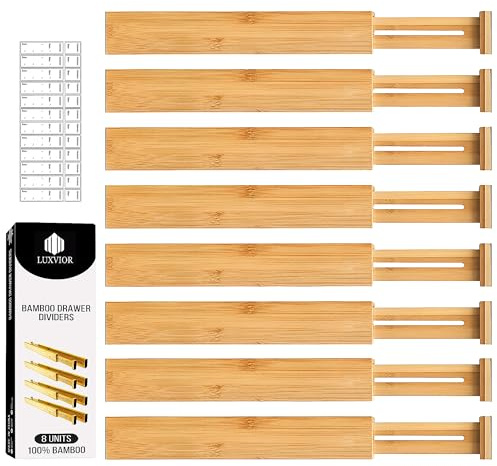 LUXVIOR Expandable Bamboo Drawer Dividers 8 pack with labels(17-22) Drawer Organizer for Kitchen, Clothes,Utensils,Silverware,Dresser,Office,Desk