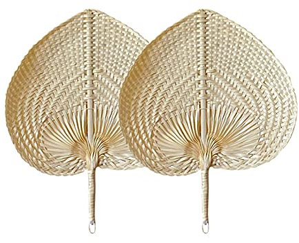 QOTSTEOS Lot de 2 éventails en bambou naturel - Portable - Fait à la main - Décoration en rotin - Éventail tissé en raphia - Pour l'été, la plage, l'intérieur et l'extérieur