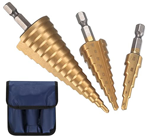 3 Pcs HSS Step Drill Bit Set, 4mm-12/20/32mm High Speed Steel Step Drill Bits Set Titanium Coated, Cone Hole Cutter Drill Bits with Universal Hex Shank for Wood Metal Plastic PVC Board Sheet