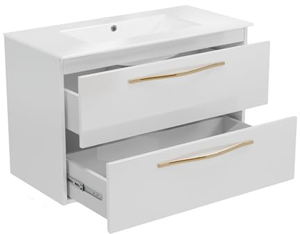 paplinskimoebel Keramik Waschbecken mit Unterschrank 80 cm Breite Girona Sink, Waschbeckenunterschrank Hängend mit Schubladen, Waschplätze, Waschtisch mit Unterschrank Weiß Hochglanz mit Goldgriff