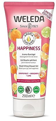 WELEDA Bio Happiness Gel de ducha vegano, cosmética natural, jabón de ducha unisex con aroma a pomelo, mandarina y lima, cuidado de la piel natural para mujeres y hombres (1 x 200 ml)
