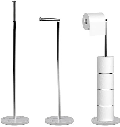 Flybath Free Standing Toilet Roll Holder 68CM with Marble Base Foldable Huge Toilet Paper Stand Stainless Steel Heavy Duty Bathroom Roll Storage Dispenser, Brushed Silver