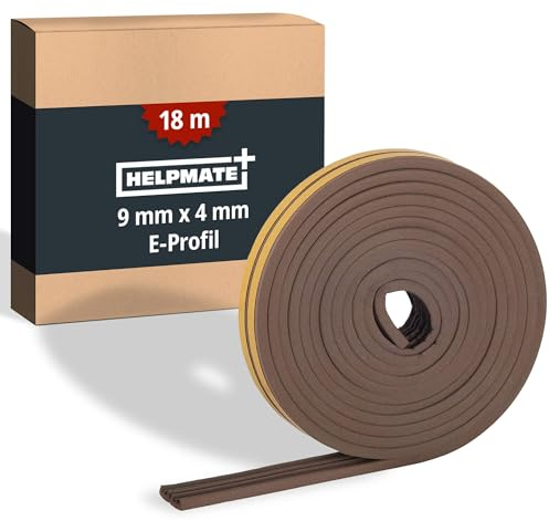 HELPMATE – Dichtungsband selbstklebend für Fenster & Türen – Fensterdichtung/Türdichtung zum Isolieren von Spalten mit 2 bis 3,5 mm Breite – Dichtband 9 x 4 mm (E-Profil | 18 Meter | Braun)