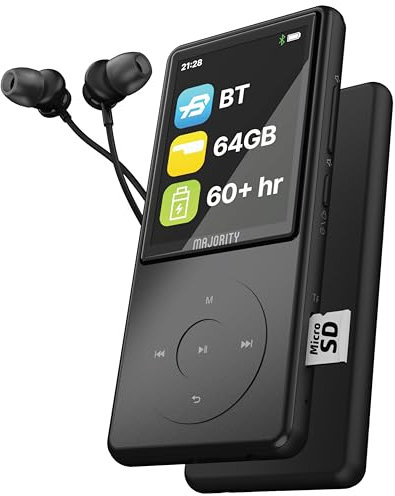 Superschlank Bluetooth MP3 Player mit Kopfhörer | 64 GB interner Speicher, erweiterbar um 128 GB | MP3-Player mit Lautsprecher für Kinder | 2.4 Farbdisplay & 67h Akkulaufzeit | Majority MP3 Pro