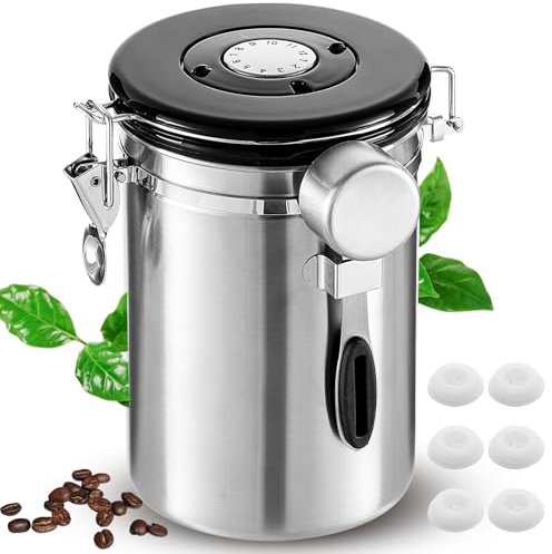 Esilihom Airtight Coffee Bean Storage, 1800ML Coffee Container, Stainless Steel Coffee Canister with Measuring Spoon, Date Tracker & 6 CO2 valve, Silver