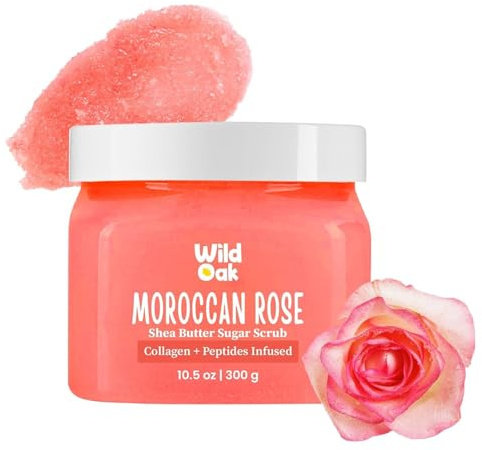 Moroccan Rose Shea Butter Sugar Scrub | 300gm | With Vegan Collagen Tan Removal & Smooth Skin |Removes Dead Skin | Ultra Hydrating, Exfoliating & Moisturising Sugar Body Scrub