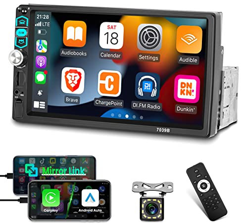 Single Din Car Stereo with Wired Carplay & Android Auto, 7 inch Touch Screen 1 Din Radio, Mirror Link/1080P/Bluetooth/SWC/FM Radio+ Backup Camera+ MIC