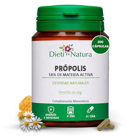Dieti Natura Própolis Puro 200 Cápsulas 18% Materia Activa - Propóleo Puro Natural para Defensas Inmunitarias Adultos - Propiedades Antibacterianas y Antioxidantes - Producto de Colmena