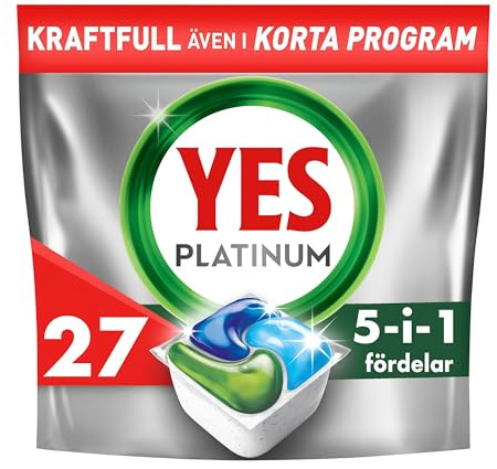 Yes Platinum All In One Maskindiskmedel, 27 Diskmaskinstabletter, För Tuffa Utmaningar, Rengör Till och med Flottiga Filter