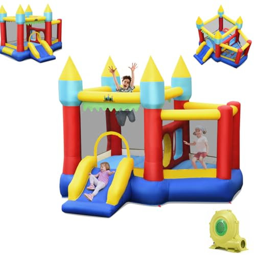 COSTWAY Château Gonflable avec Toboggan & Souffleur 450W, Aire de Jeux Gonflable avec Maison de Saut & Panier de Basket & 100 Balles, Charge Max 135kg pour 3 Enfants de 3-10 Ans