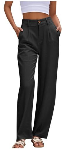 Pantalones Mujer Verano Anchos Suelto Rectos Cintura Alta Pantalon de Vestir Casual Elástica Pantalón Chino con Botones Cómodos Frescos Oficina Pantalones de Traje con Bolsillos