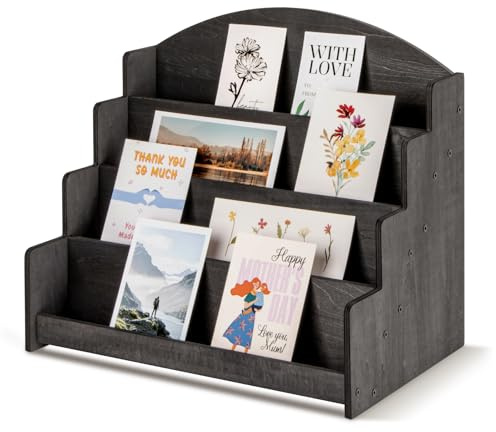 PUERSI Greeting Card Display Stand Holder - 4-Tier Wooden Organizer Rack for Retail Stores, Postcards, Stickers & Stationery Vendors Black