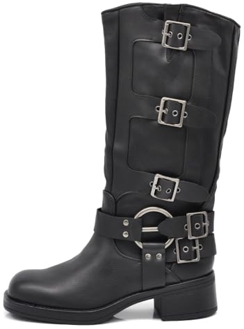 IF Fashion Scarpe Stivali da Donna Al Polpaccio Ginocchio Stile Biker Punk Rock Motociclista con Fibbia Multipla 730-3 nero N.40