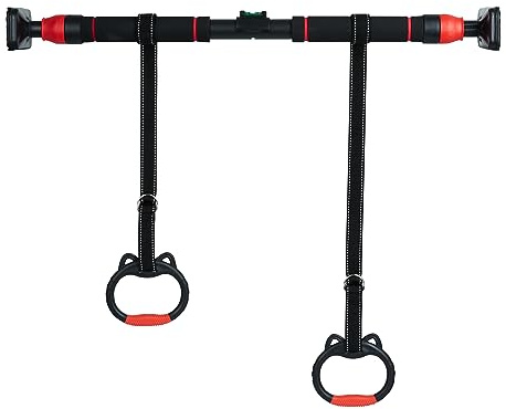 Door Pull Up Bar, Adjustable Width 60-97 cm, Locking Mechanism, Non-Slip Secure Grip, No Screws, with Rings, for Home Gym Upper Body Workout (Pull bar with Rings)